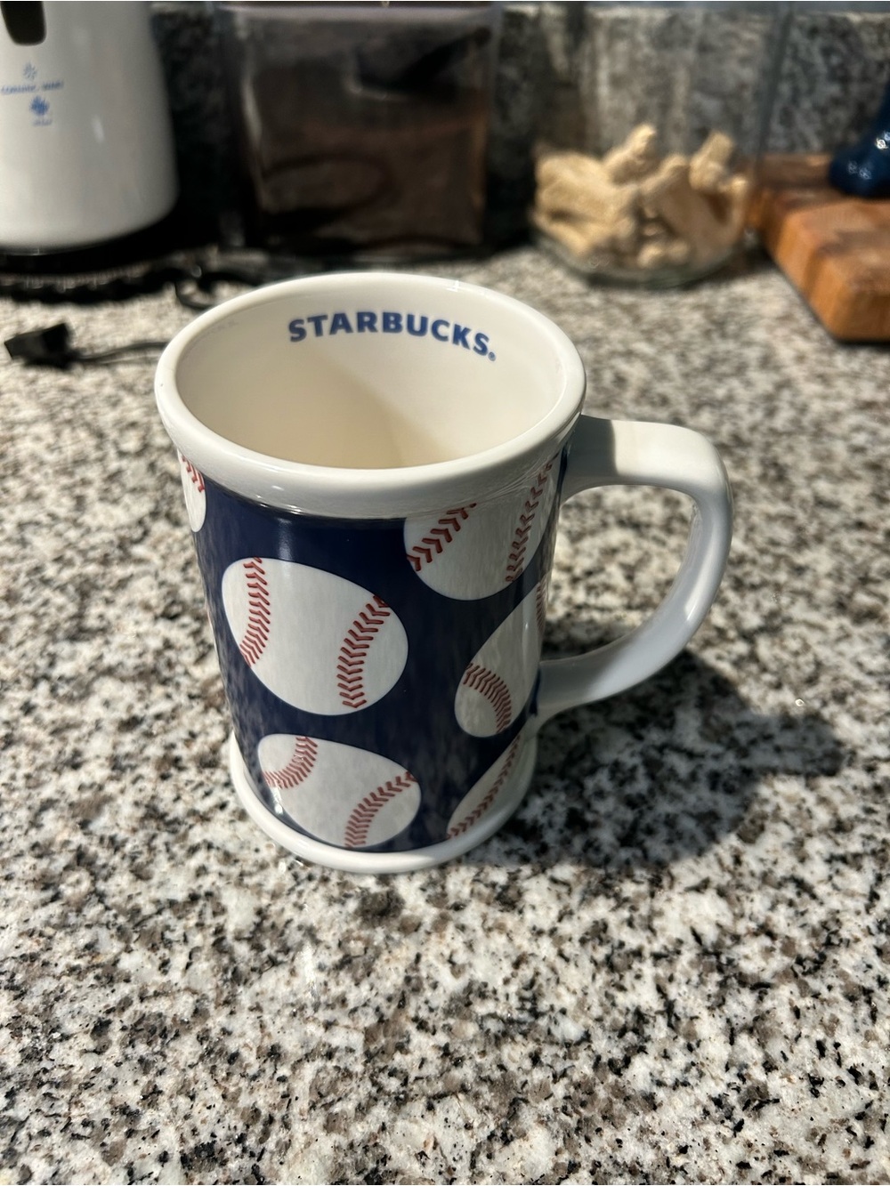 Starbucks Navy Baseball Pattern Ceramic Mug with White Interior